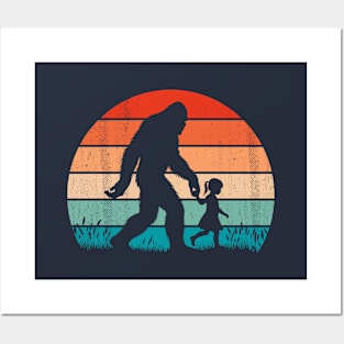 Bigfoot Sasquatch Walking With Baby Girl Vintage Hiking Posters and Art